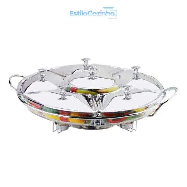 Rechaud Giratório Com 6 Compartimentos Aço Inox E Vidro 52cm + BRINDE 100 Velas para Rechaud