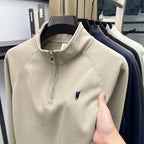 Camiseta masculina de manga comprida com meio zíper, outono plus size, meia-idade e jovem, gola polo com logotipo de pônei bordado