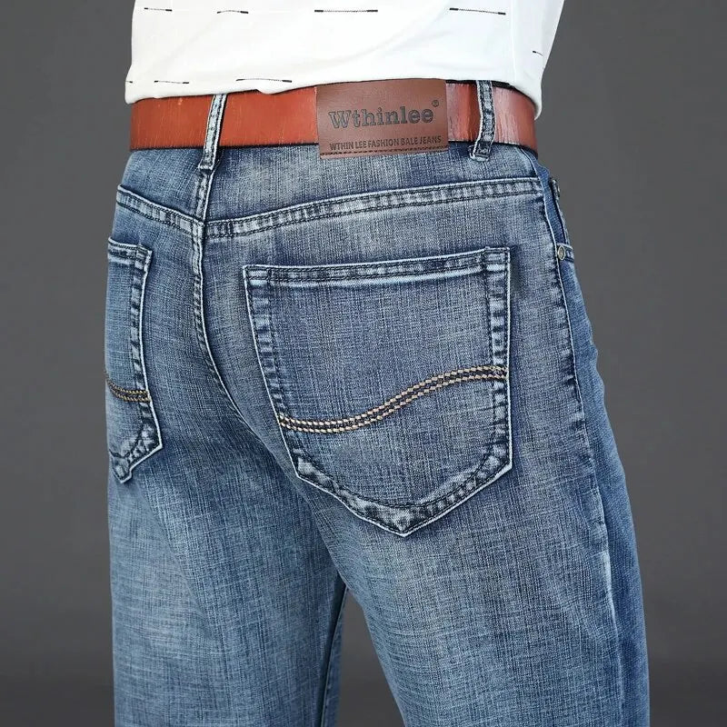 Wthinlee novo negócio calças de brim masculinas casual em linha reta estiramento moda clássico azul preto trabalho denim calças masculinas roupas marca