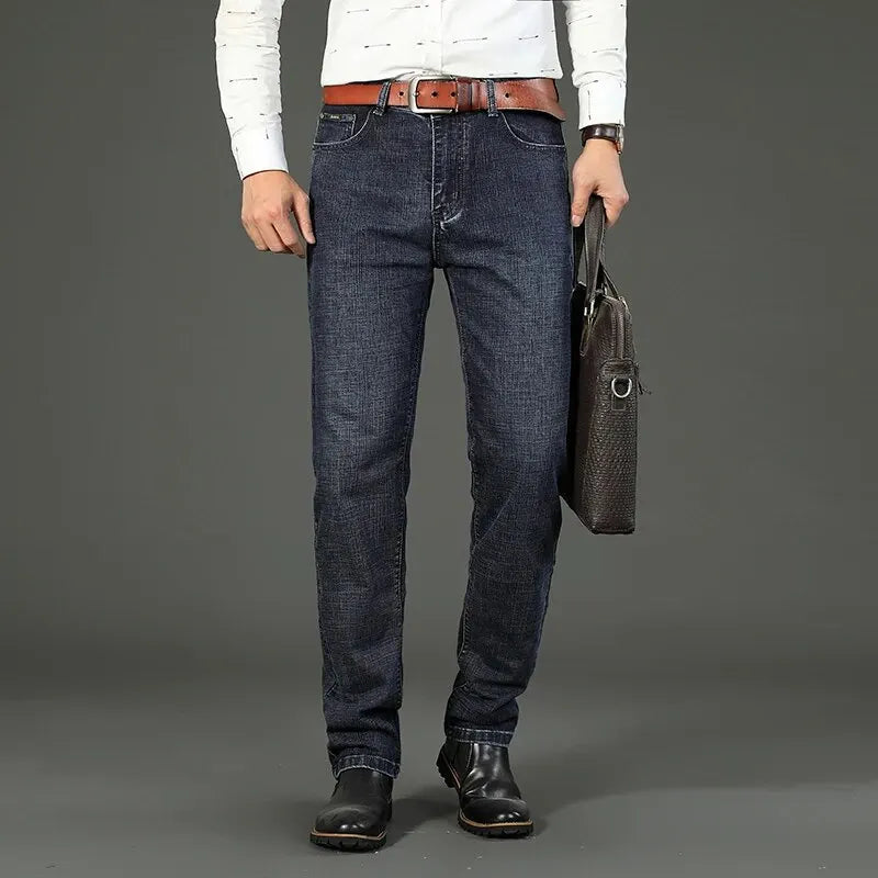 Wthinlee novo negócio calças de brim masculinas casual em linha reta estiramento moda clássico azul preto trabalho denim calças masculinas roupas marca