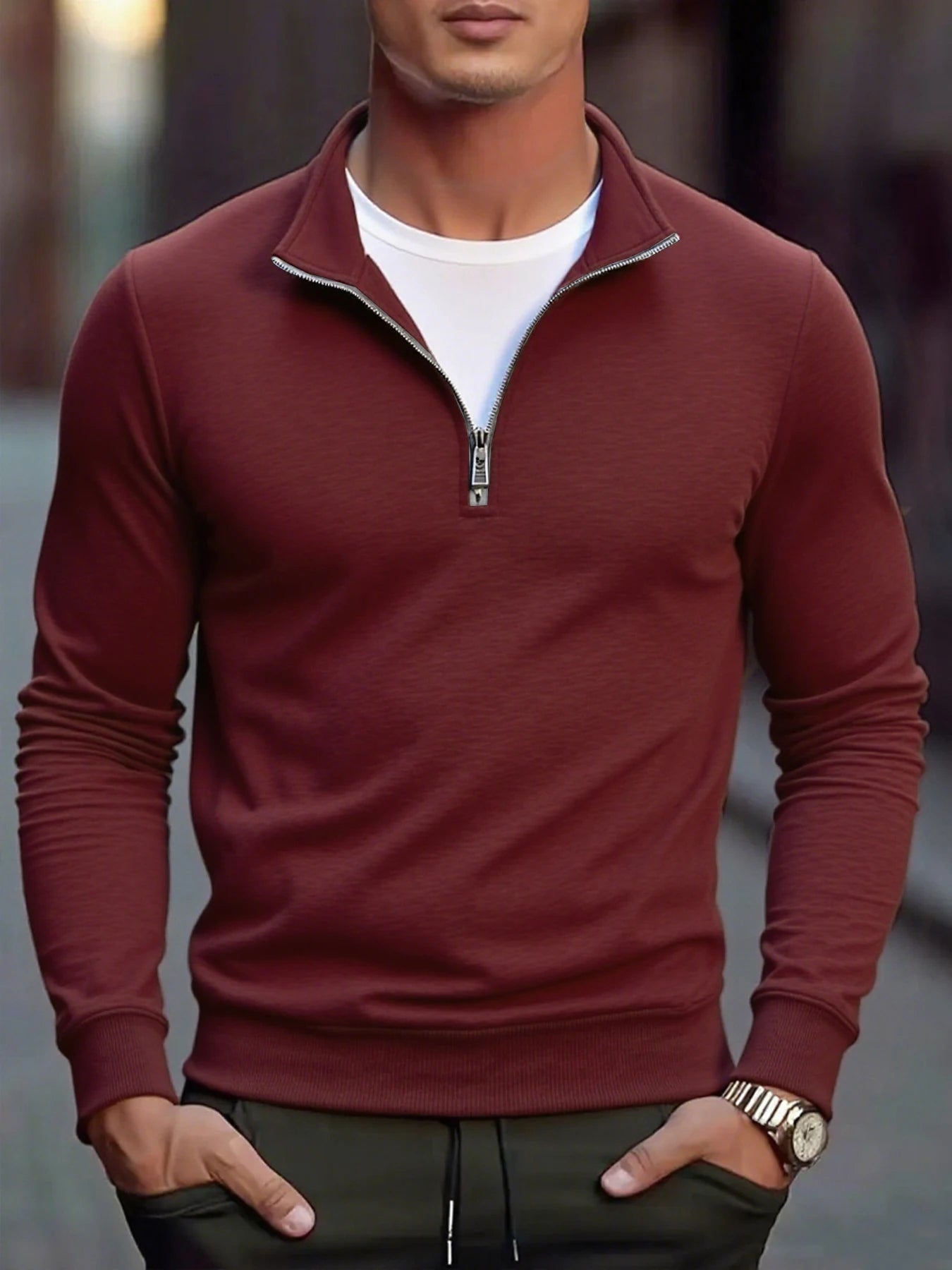Outono masculino quarto zip up sweatshirts fino ajuste leve ao ar livre mock neck pulôver suéteres meia gola alta malha streetwear