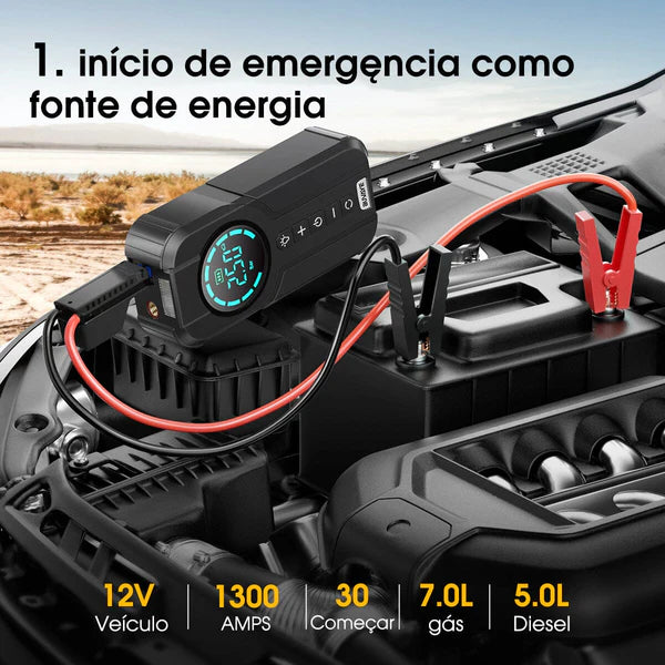 Power Compressor + Carregador de Bateria Veicular Portátil 3 em 1 + BRINDE EXCLUSIVO